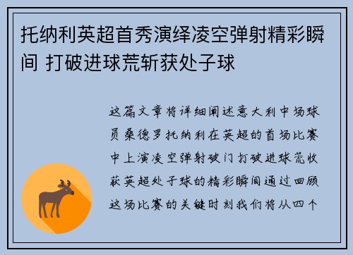托纳利英超首秀演绎凌空弹射精彩瞬间 打破进球荒斩获处子球